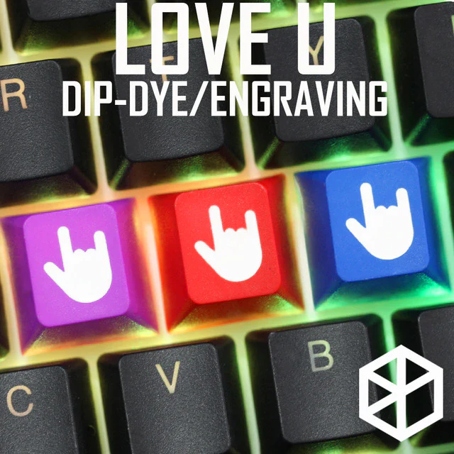 Novelty cherry profile dip dye laser etched pbt keycap love you hand r1 1x purple red blue